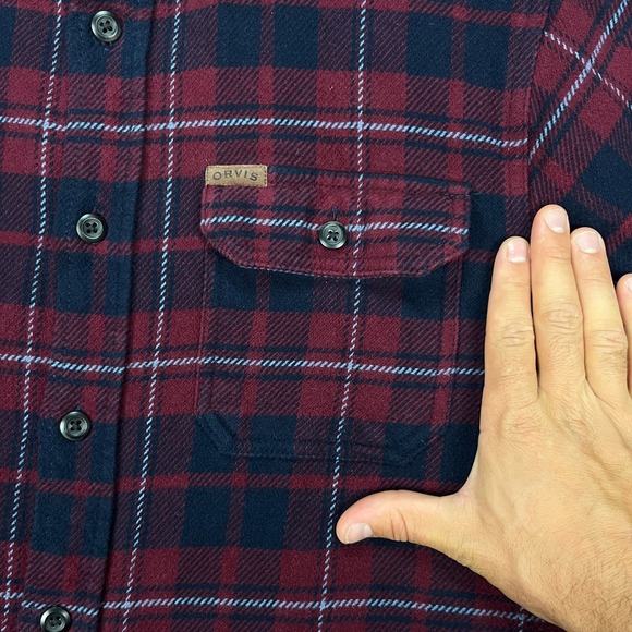 Orvis Heavy Flannel Shirt Jacket Mens Medium Shacket Red Blue Plaid Flap Pockets - Picture 3 of 8